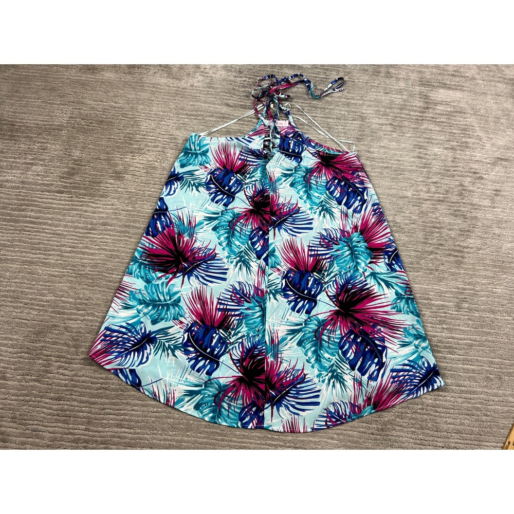 Izzy & Lola Dress Womens S Blue Marieta-1 Tropical Palm‎ Leaf Halter Mini Dress